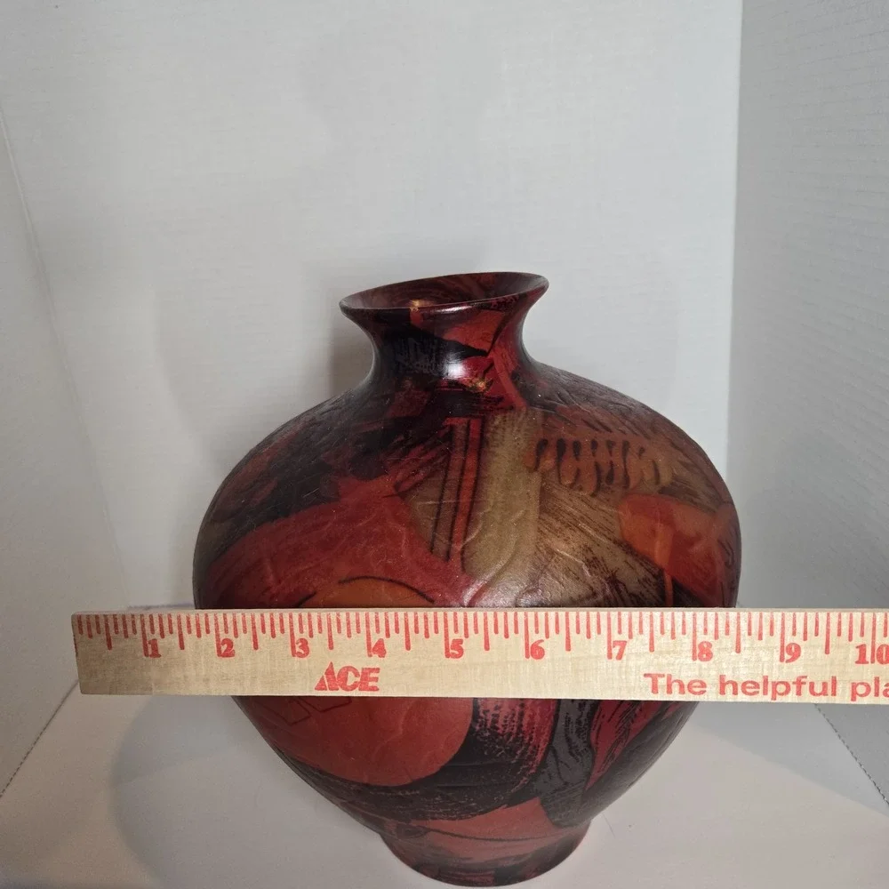 Vtg MCM Unique Art Deco Ceramic Large Balloon Vase‎ Red Brown Floral Pattern